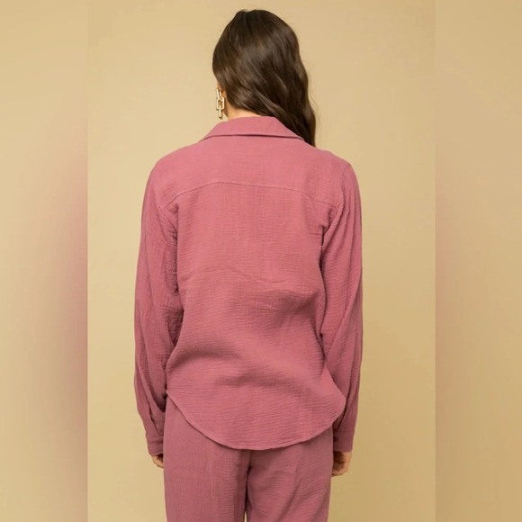 100% Cotton Boho Button Down Shirt & Pants Set(Mauve) - Picture 6 of 9